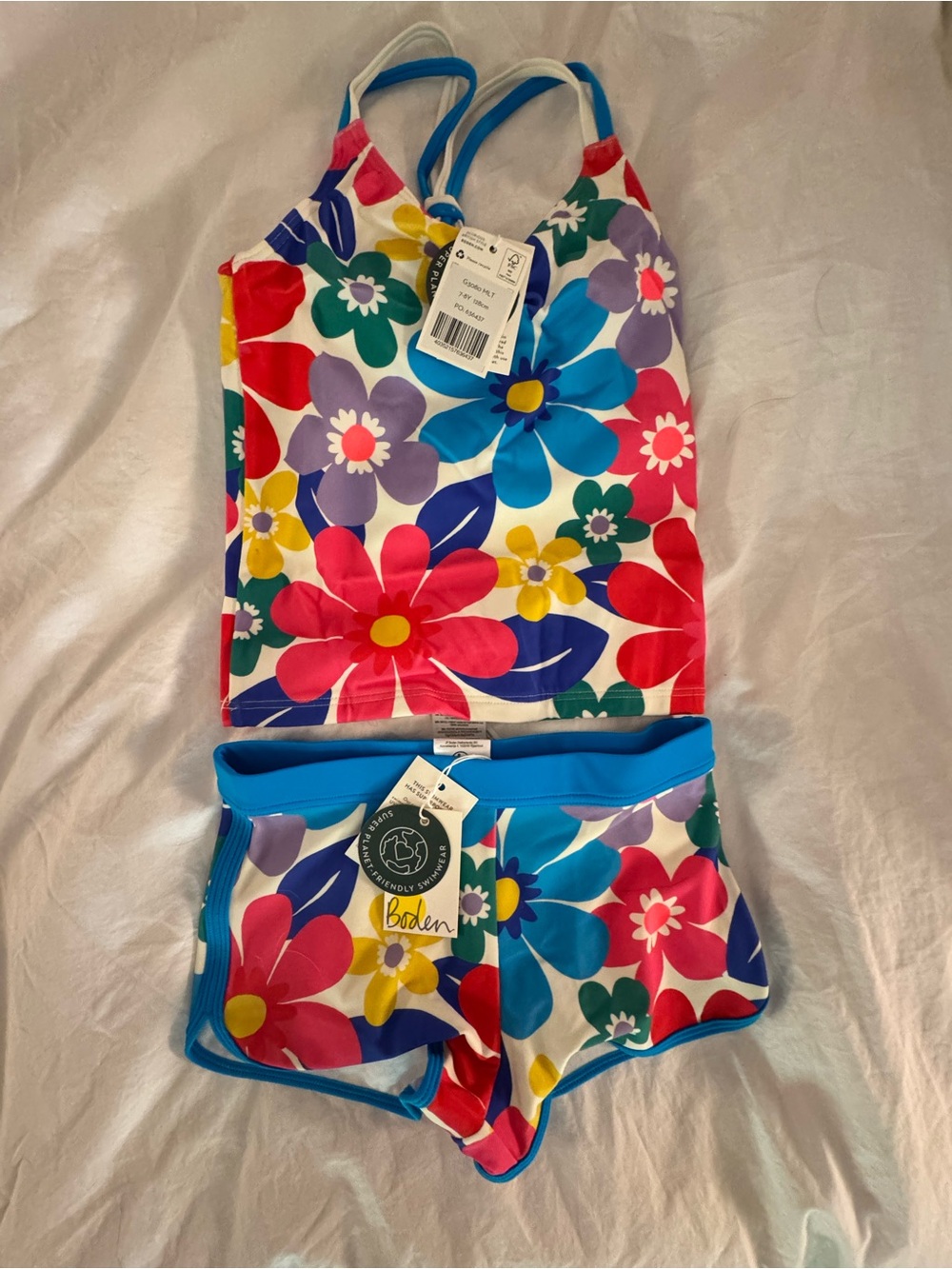 Boden Girls Bright Blue Floral Tankini with Multicolor Flowers